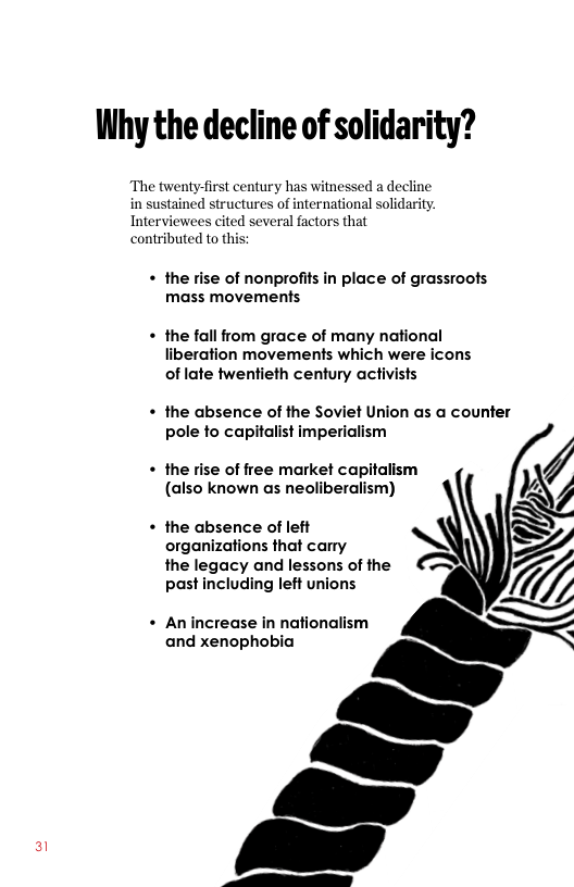 Why the decline of solidarity?  ‘The twenty-first century has witnessed a decline in sustained structures of international solidarity. Interviewees cited several factors that contributed to this:  « the rise of nonprofits in place of grassroots mass movements  « the fall from grace of many national liberation movements which were icons of late twentieth century activists  « the absence of the Soviet Union as a counter pole to capitalist imperialism  « the rise of free market capitalism (also known as neoliberalism)  « the absence of left organizations that carry the legacy and lessons of the past including left unions  « Anincrease in nationalism and xenophobia  